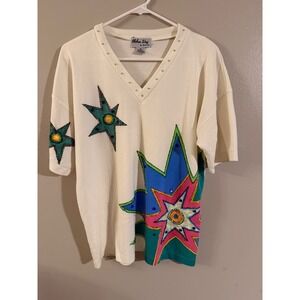 Chelsea Way By Jeri Rose Womens V Neck Top‎ Embellished Stars Size S